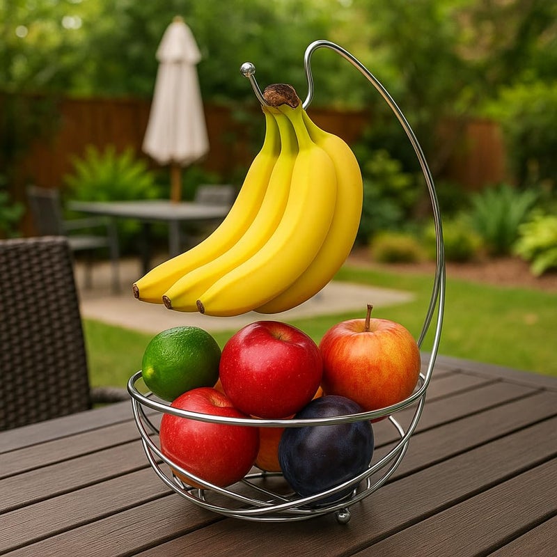BNYD Chrome Fruit Bowl with Banana Holder â€“ 14" Countertop Wire Basket with Banana Hook, Modern Fruit Basket with Banana Tree Hanger for Kitchen Table or Island Storage - Image 3
